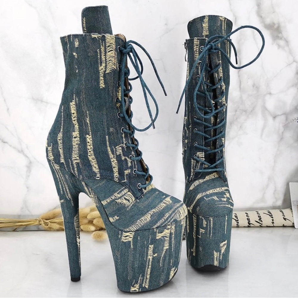 Distressed Denim Platform Pole Dance Boots with Protectors